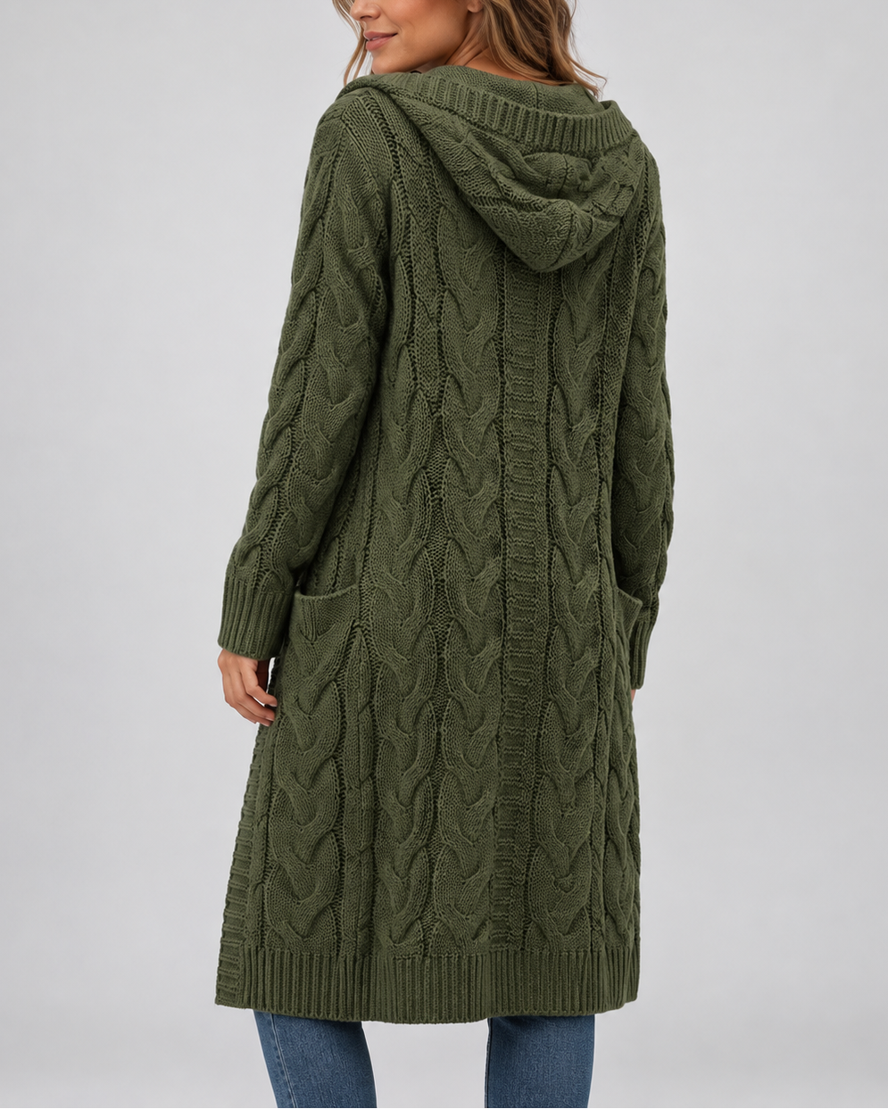 Women's Longline Cable Knit Cardigan with Hood and Open Front
