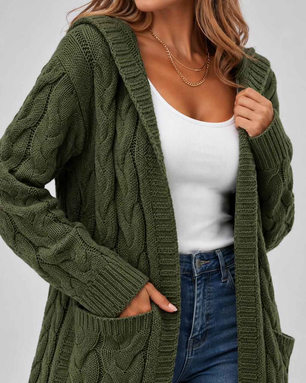 Women's Longline Cable Knit Cardigan with Hood and Open Front