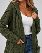 Women's Longline Cable Knit Cardigan with Hood and Open Front