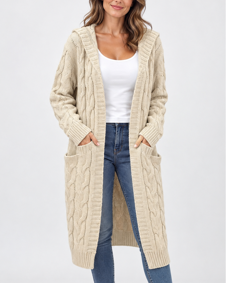 Women's Longline Cable Knit Cardigan with Hood and Open Front