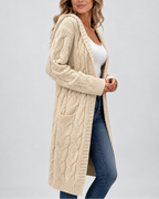Women's Longline Cable Knit Cardigan with Hood and Open Front