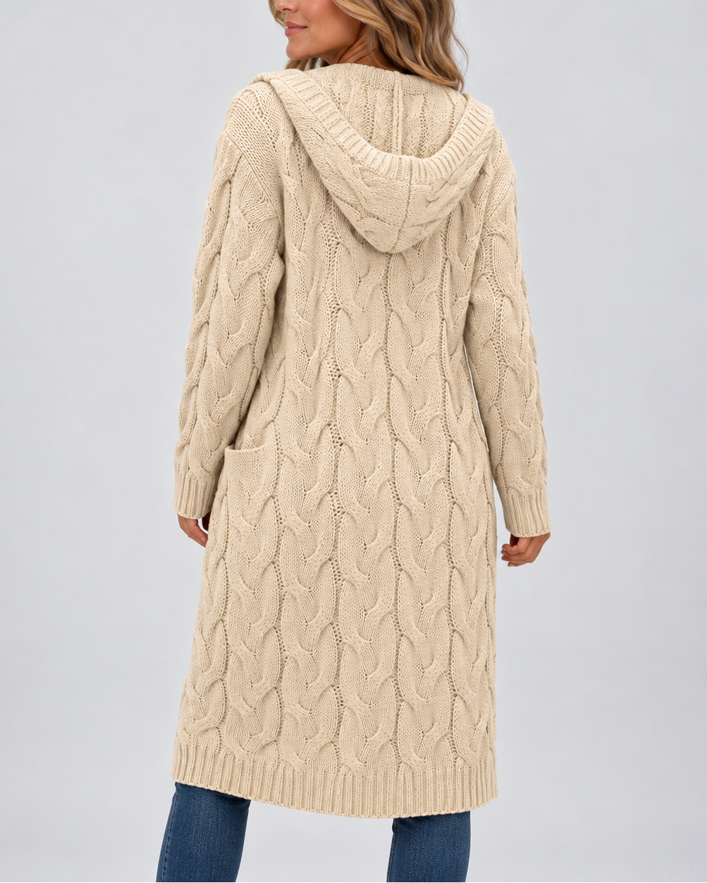 Women's Longline Cable Knit Cardigan with Hood and Open Front