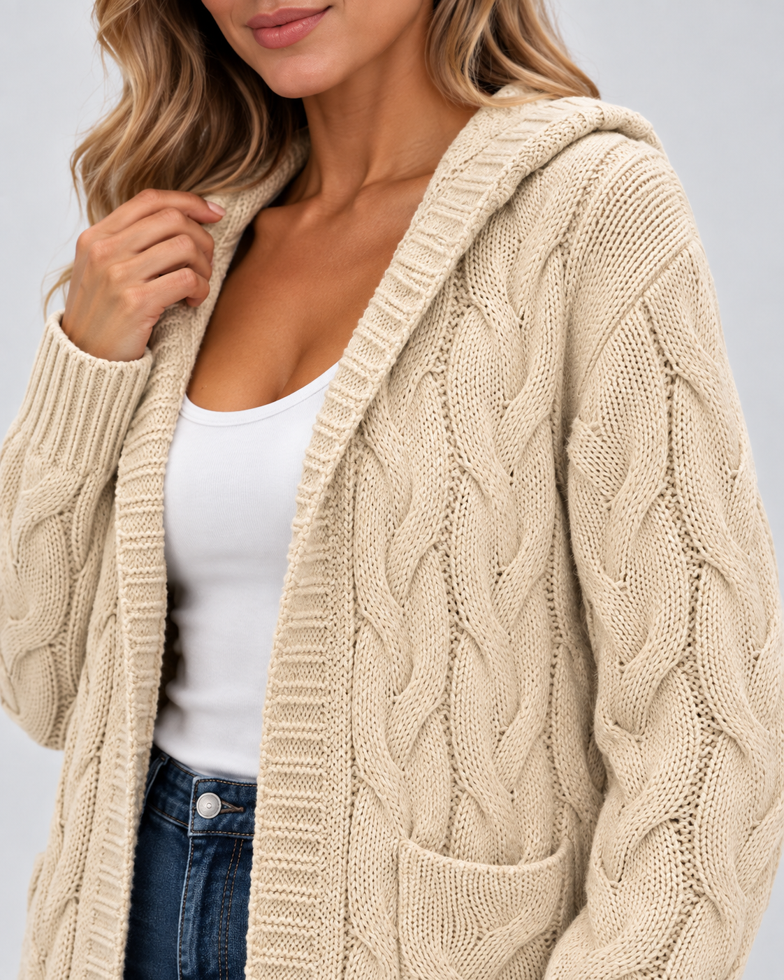 Women's Longline Cable Knit Cardigan with Hood and Open Front