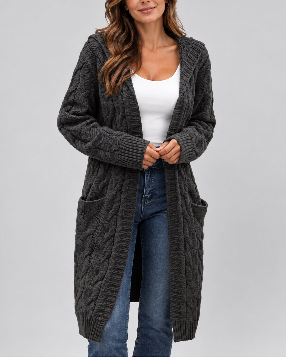 Women's Longline Cable Knit Cardigan with Hood and Open Front