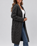 Women's Longline Cable Knit Cardigan with Hood and Open Front