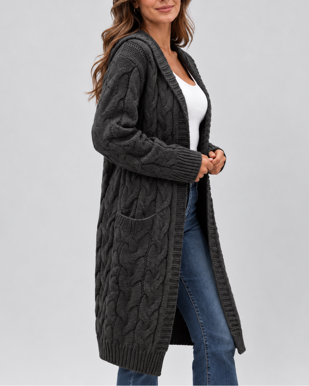 Women's Longline Cable Knit Cardigan with Hood and Open Front