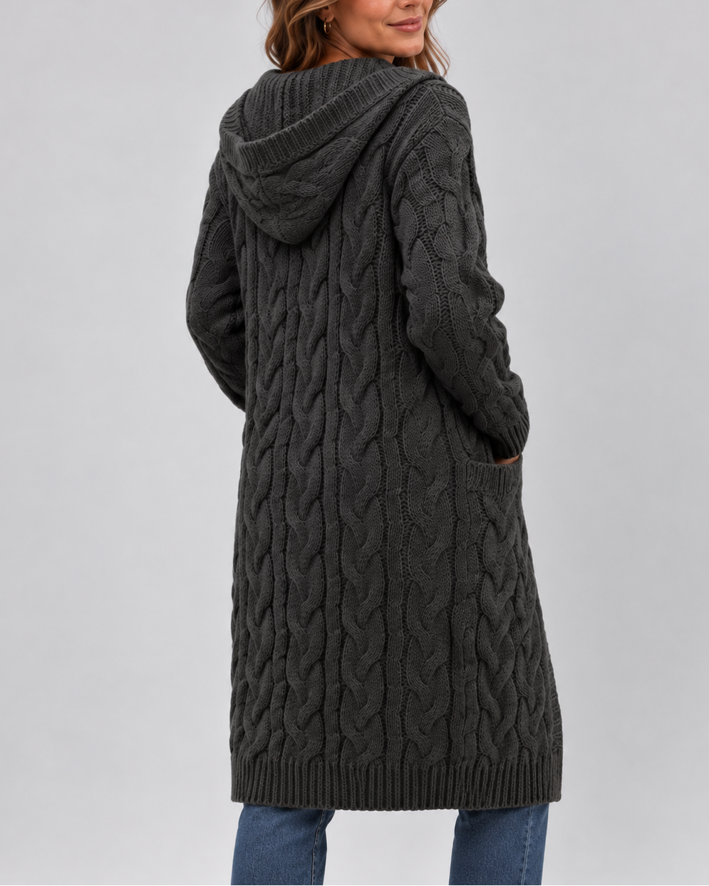 Women's Longline Cable Knit Cardigan with Hood and Open Front