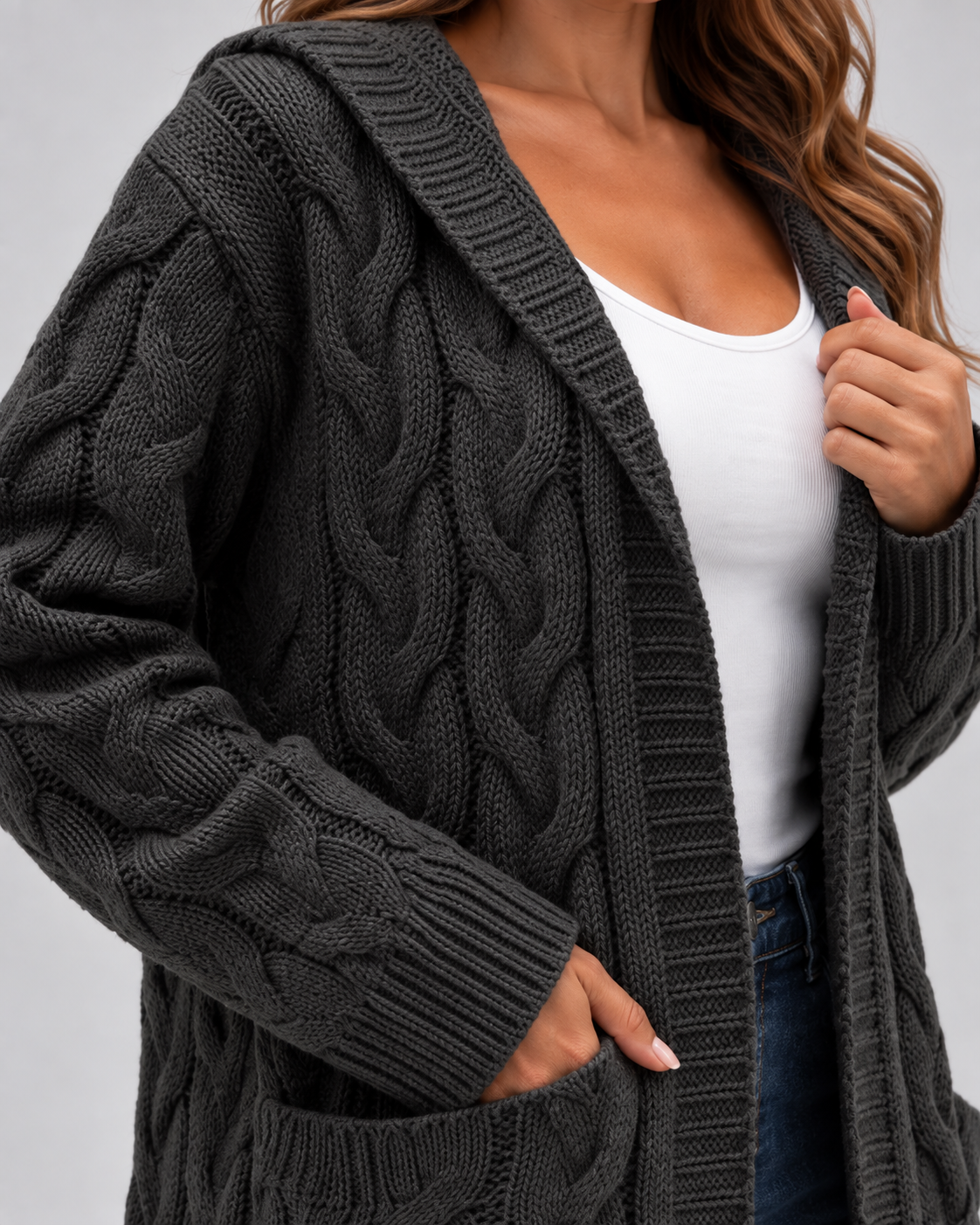Women's Longline Cable Knit Cardigan with Hood and Open Front