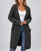 Women's Longline Cable Knit Cardigan with Hood and Open Front