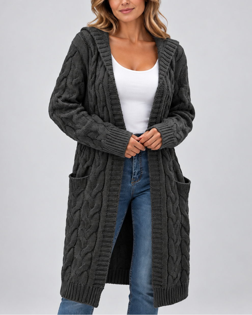 Women's Longline Cable Knit Cardigan with Hood and Open Front