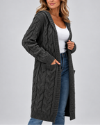 Women's Longline Cable Knit Cardigan with Hood and Open Front