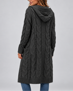 Women's Longline Cable Knit Cardigan with Hood and Open Front
