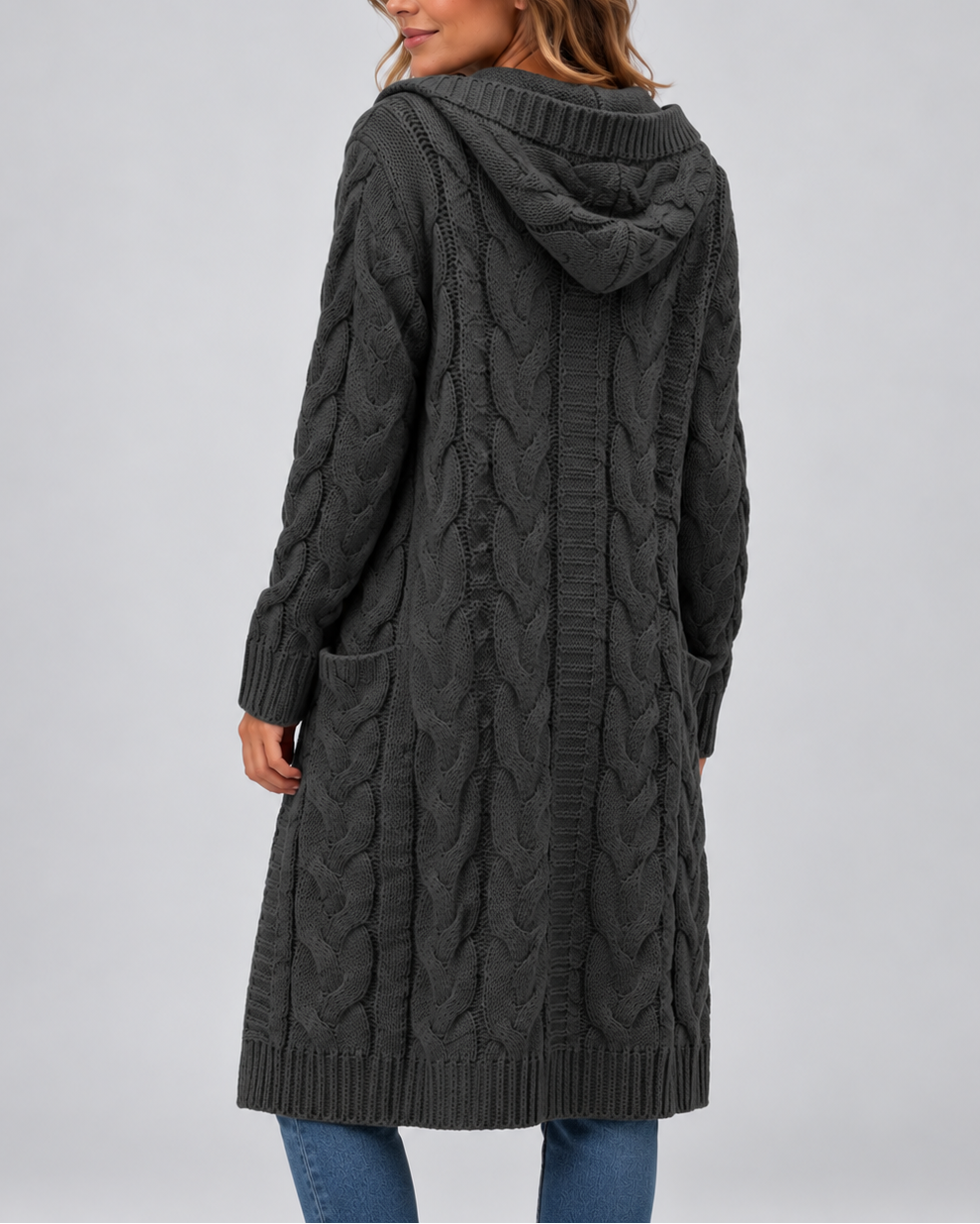 Women's Longline Cable Knit Cardigan with Hood and Open Front