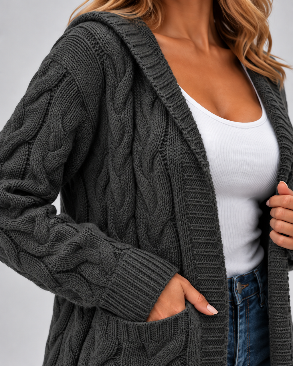 Women's Longline Cable Knit Cardigan with Hood and Open Front