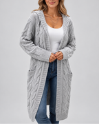 Women's Longline Cable Knit Cardigan with Hood and Open Front