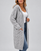 Women's Longline Cable Knit Cardigan with Hood and Open Front