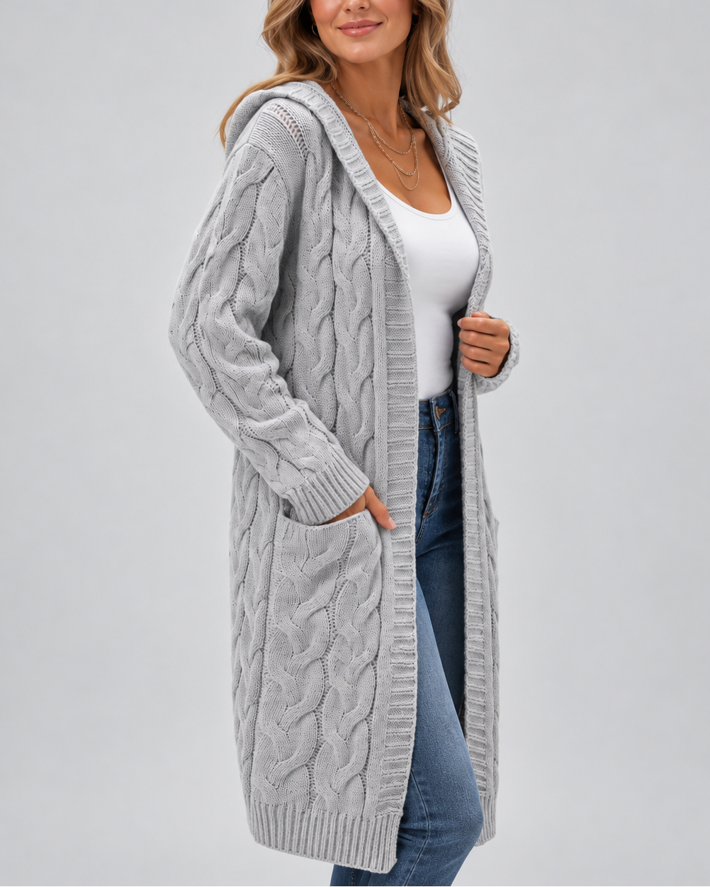 Women's Longline Cable Knit Cardigan with Hood and Open Front