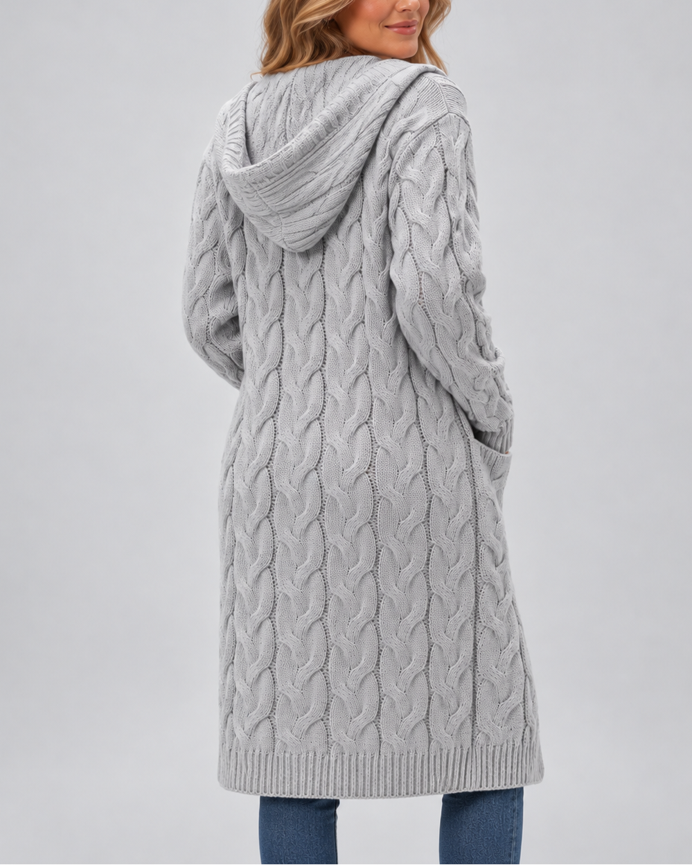 Women's Longline Cable Knit Cardigan with Hood and Open Front