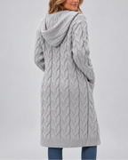 Women's Longline Cable Knit Cardigan with Hood and Open Front
