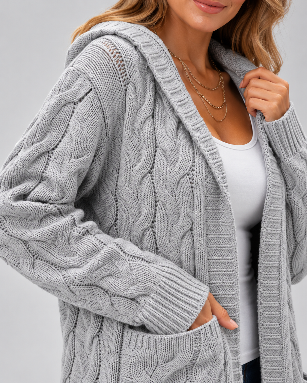 Women's Longline Cable Knit Cardigan with Hood and Open Front