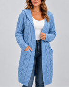 Women's Longline Cable Knit Cardigan with Hood and Open Front