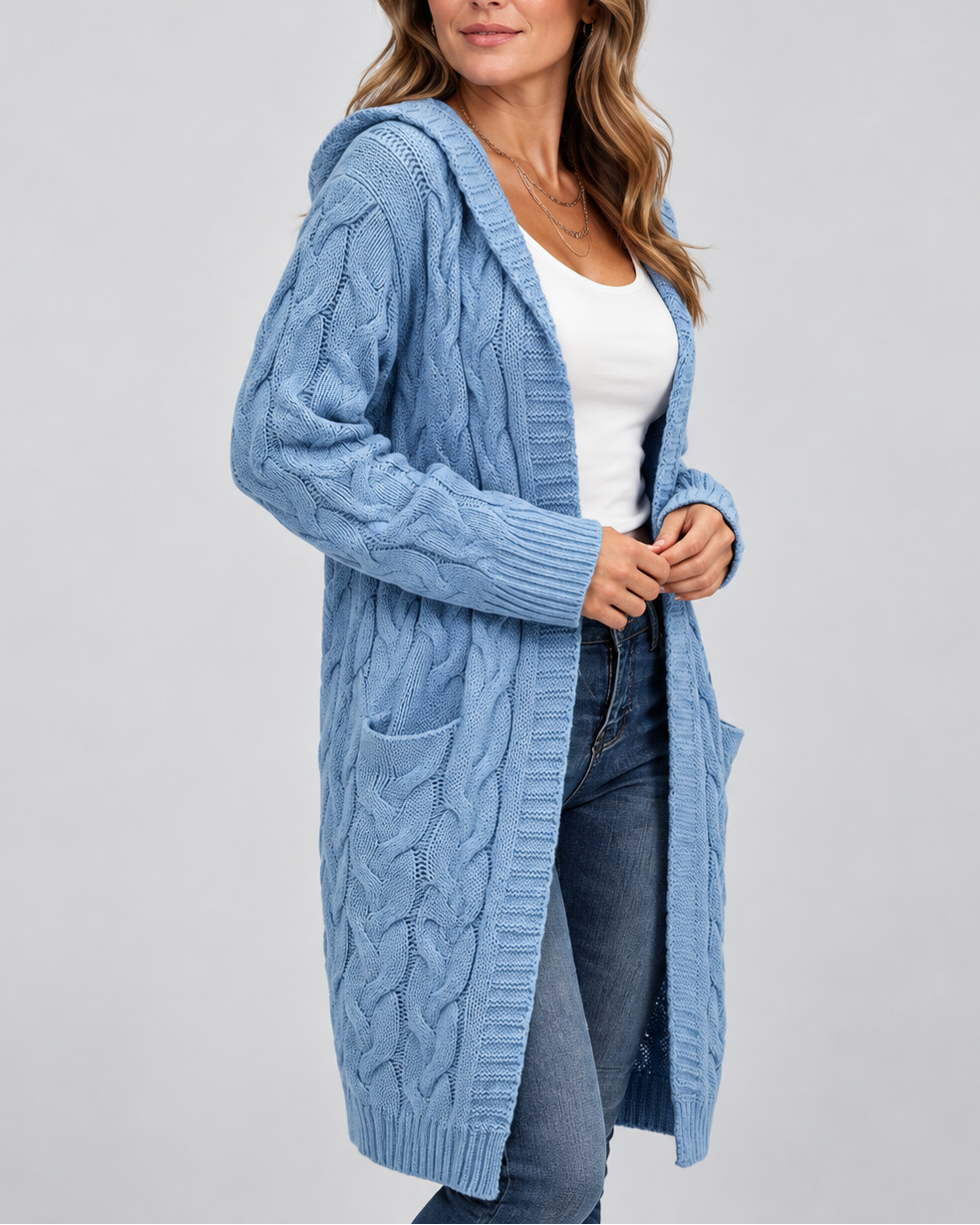 Women's Longline Cable Knit Cardigan with Hood and Open Front