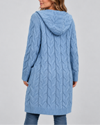 Women's Longline Cable Knit Cardigan with Hood and Open Front