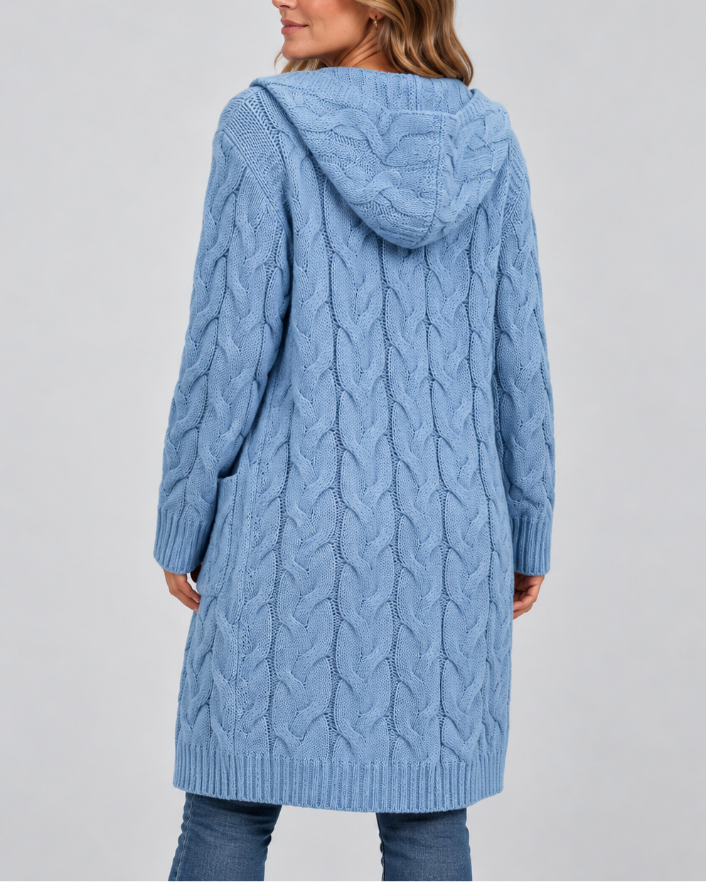 Women's Longline Cable Knit Cardigan with Hood and Open Front