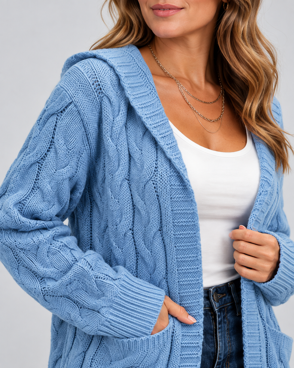 Women's Longline Cable Knit Cardigan with Hood and Open Front