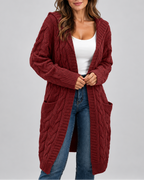 Women's Longline Cable Knit Cardigan with Hood and Open Front