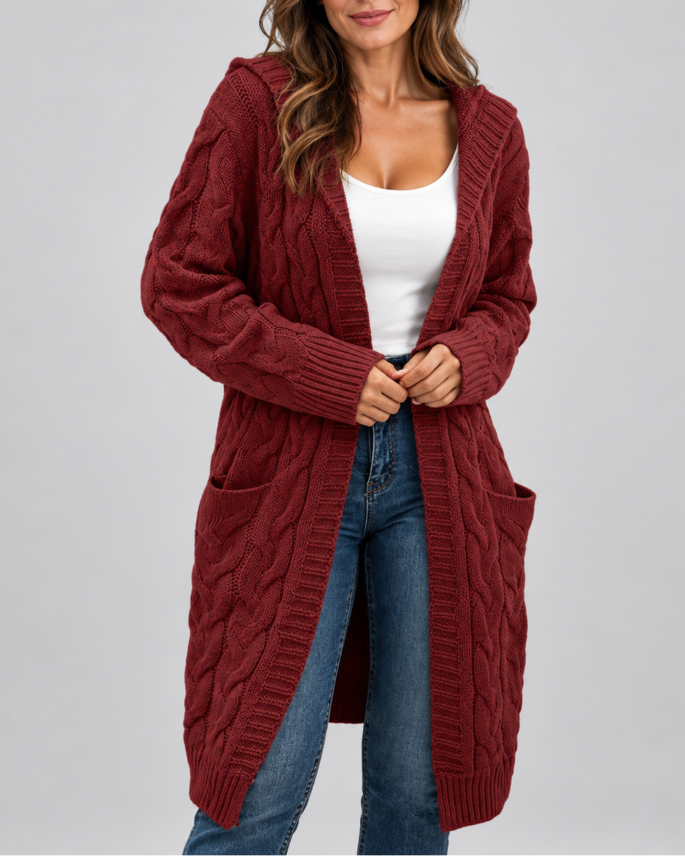 Women's Longline Cable Knit Cardigan with Hood and Open Front