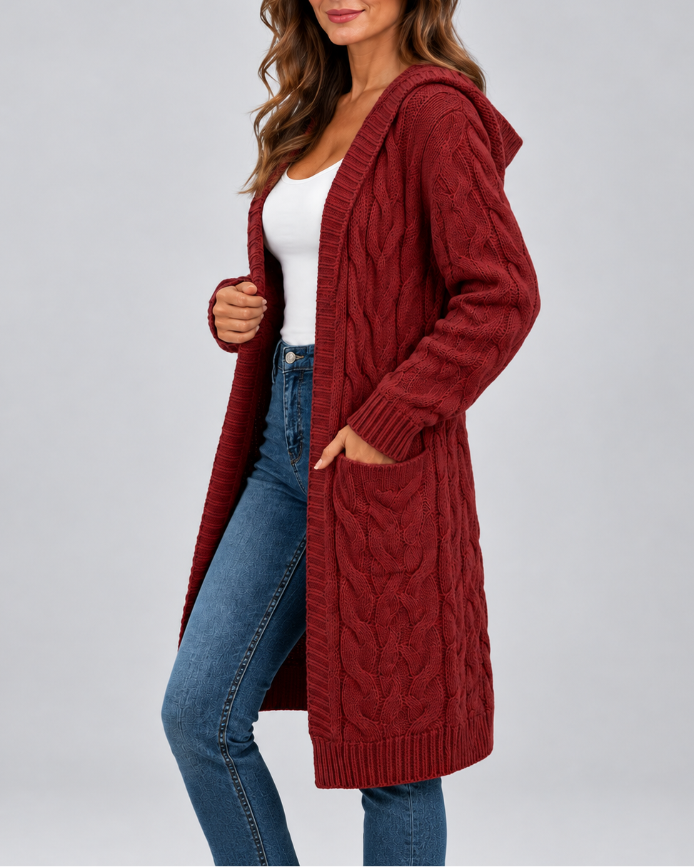 Women's Longline Cable Knit Cardigan with Hood and Open Front