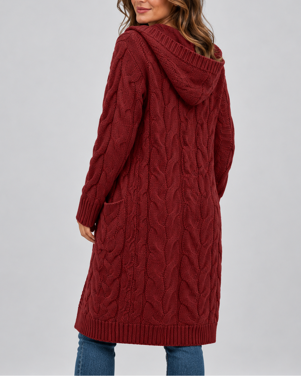 Women's Longline Cable Knit Cardigan with Hood and Open Front