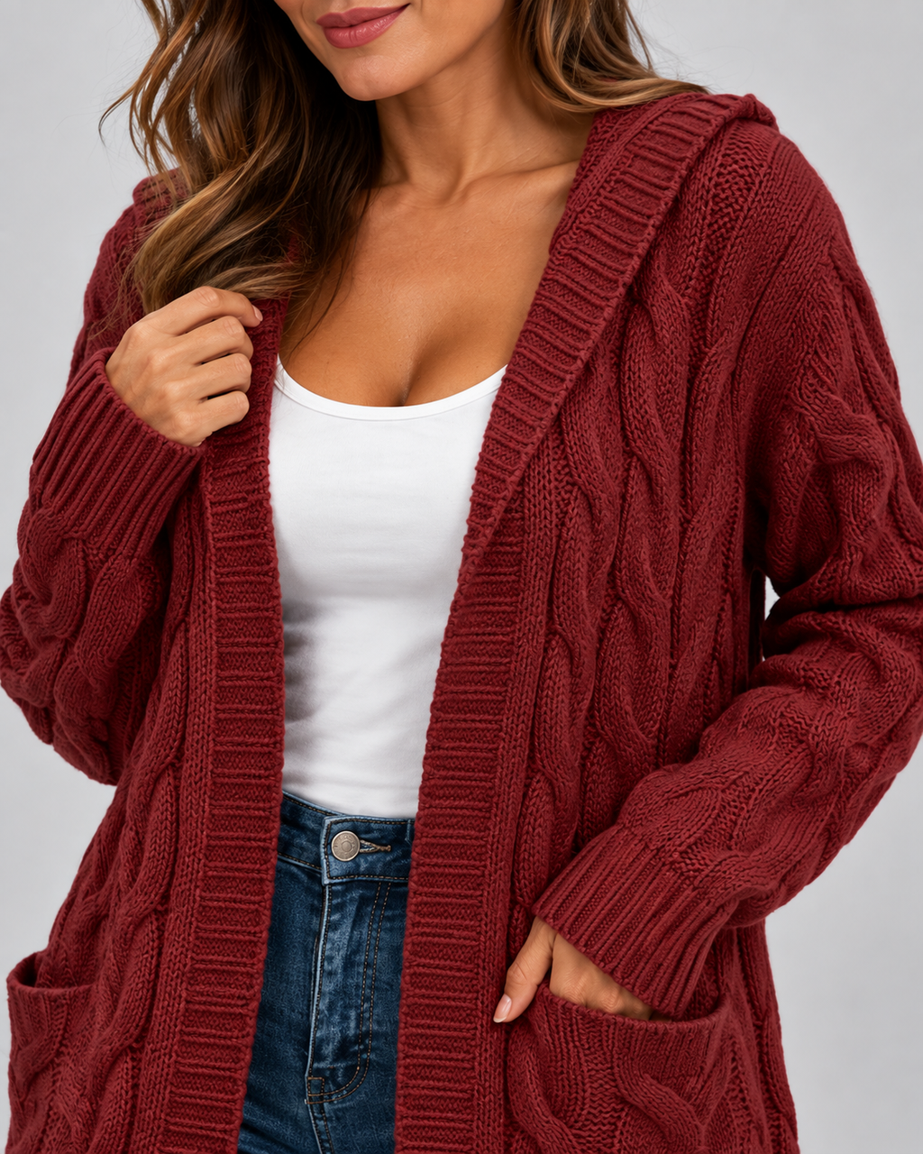 Women's Longline Cable Knit Cardigan with Hood and Open Front