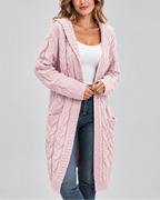 Women's Longline Cable Knit Cardigan with Hood and Open Front