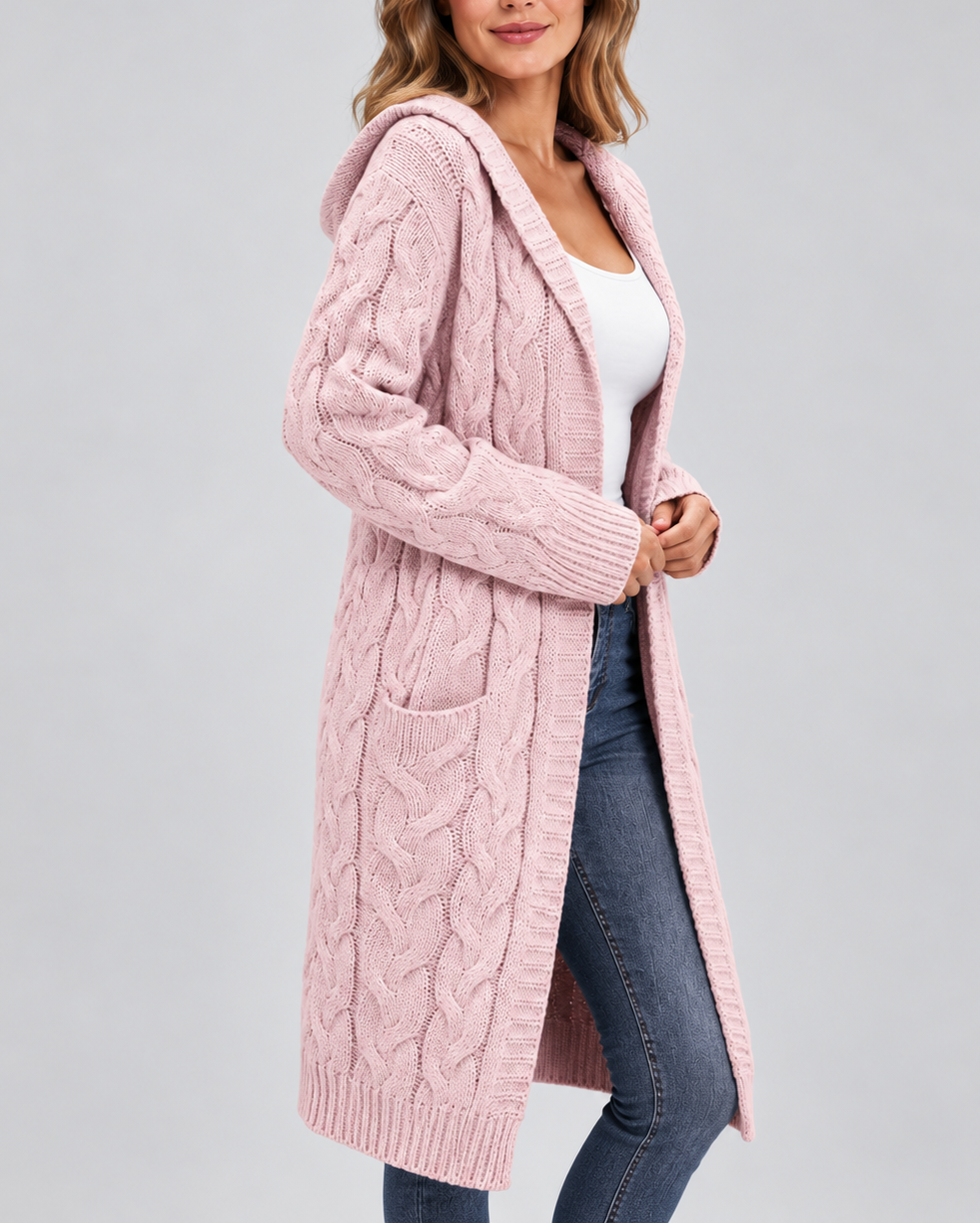 Women's Longline Cable Knit Cardigan with Hood and Open Front