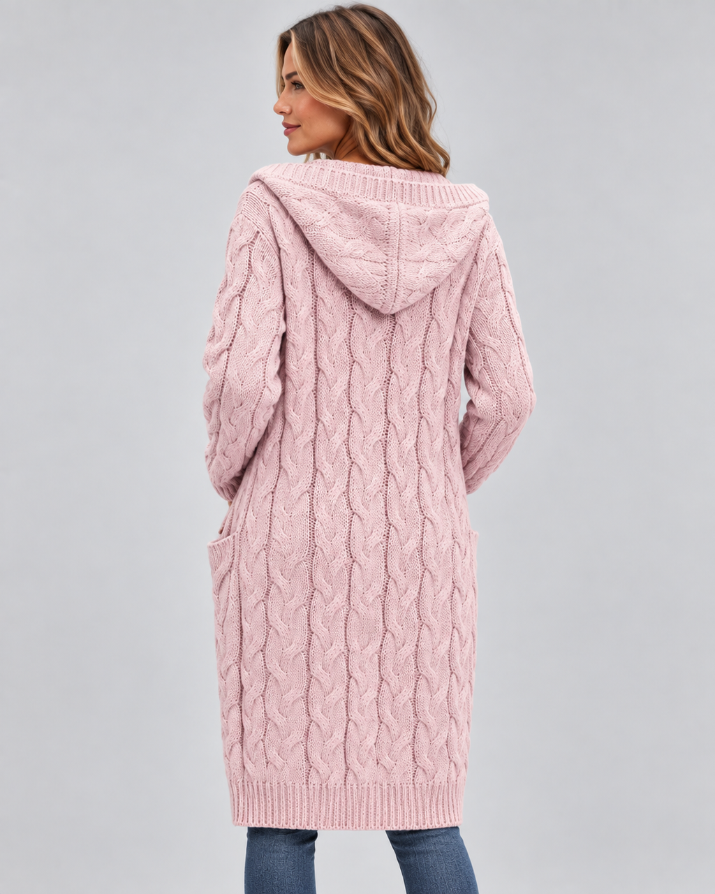 Women's Longline Cable Knit Cardigan with Hood and Open Front