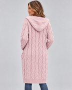 Women's Longline Cable Knit Cardigan with Hood and Open Front