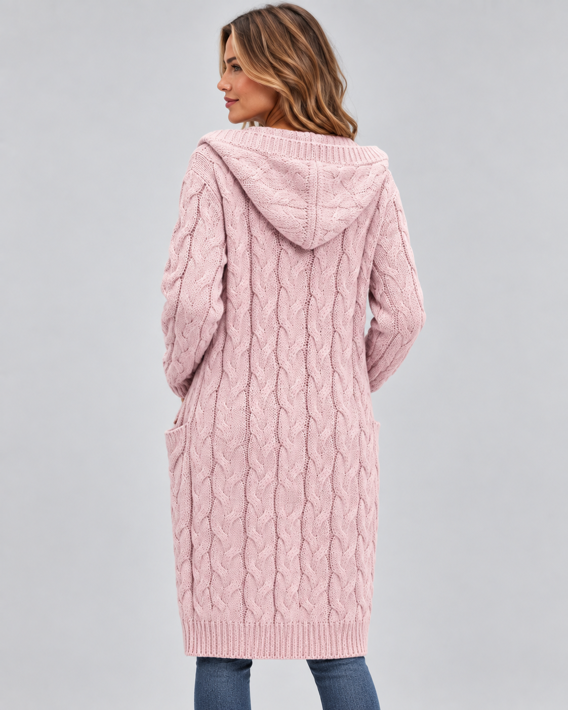 Women's Longline Cable Knit Cardigan with Hood and Open Front