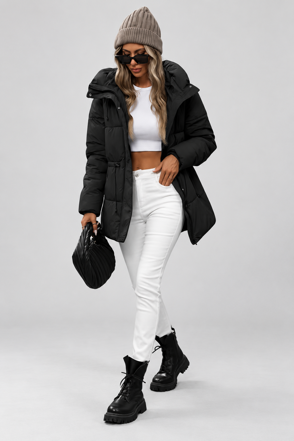 Women's Hooded Padded Coat with Zip Front and Drawstring Waist