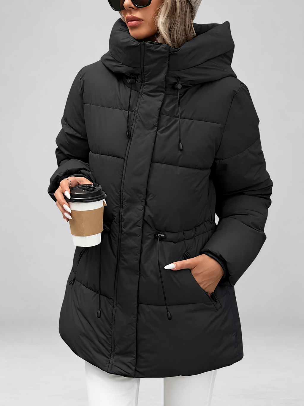 Women's Hooded Padded Coat with Zip Front and Drawstring Waist
