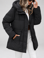 Women's Hooded Padded Coat with Zip Front and Drawstring Waist