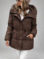 Women's Hooded Padded Coat with Zip Front and Drawstring Waist