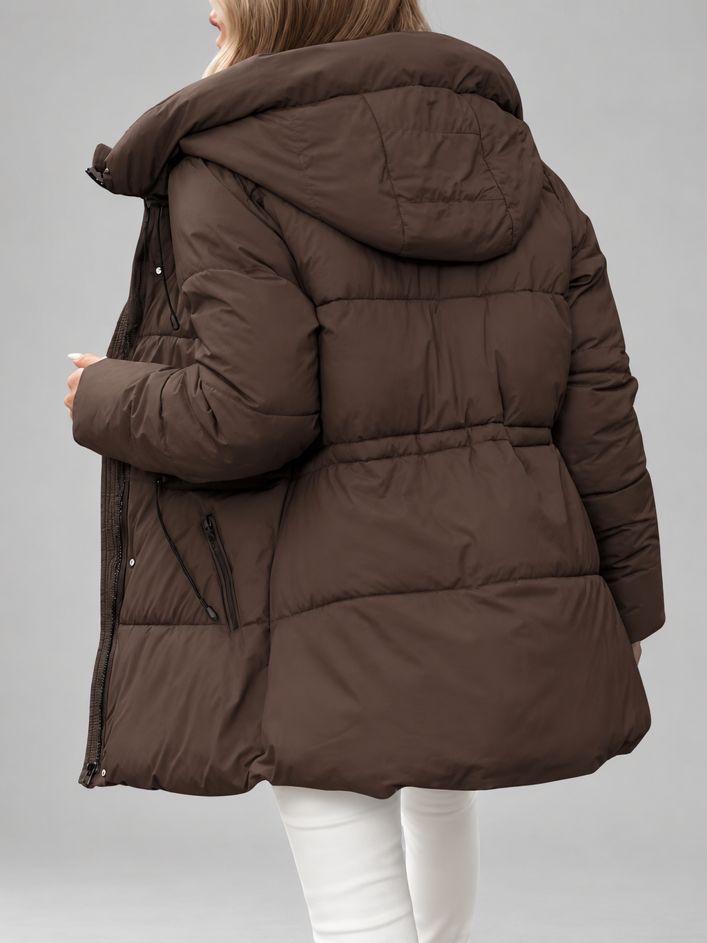 Women's Hooded Padded Coat with Zip Front and Drawstring Waist