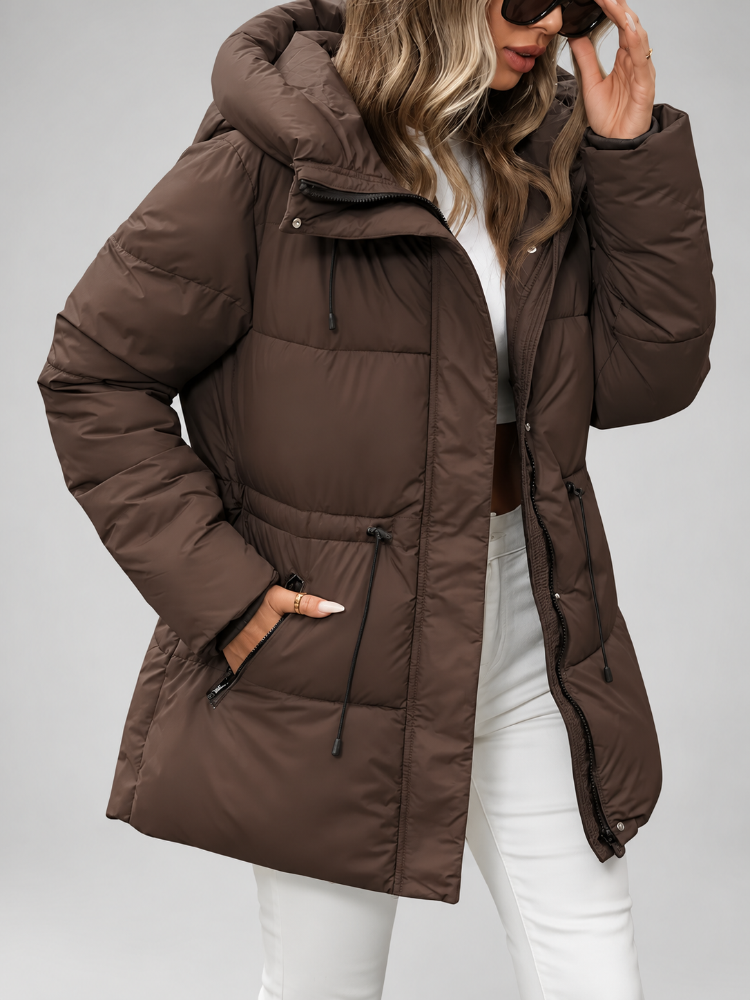 Women's Hooded Padded Coat with Zip Front and Drawstring Waist