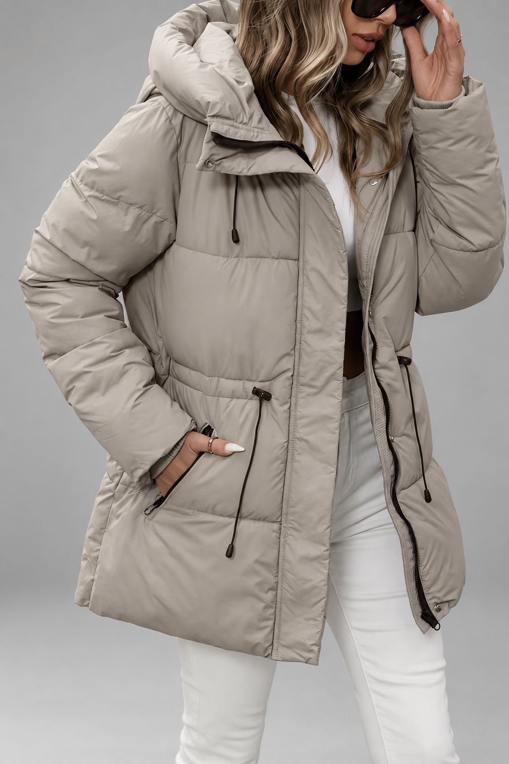 Women's Hooded Padded Coat with Zip Front and Drawstring Waist