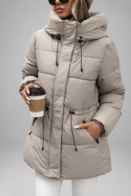 Women's Hooded Padded Coat with Zip Front and Drawstring Waist