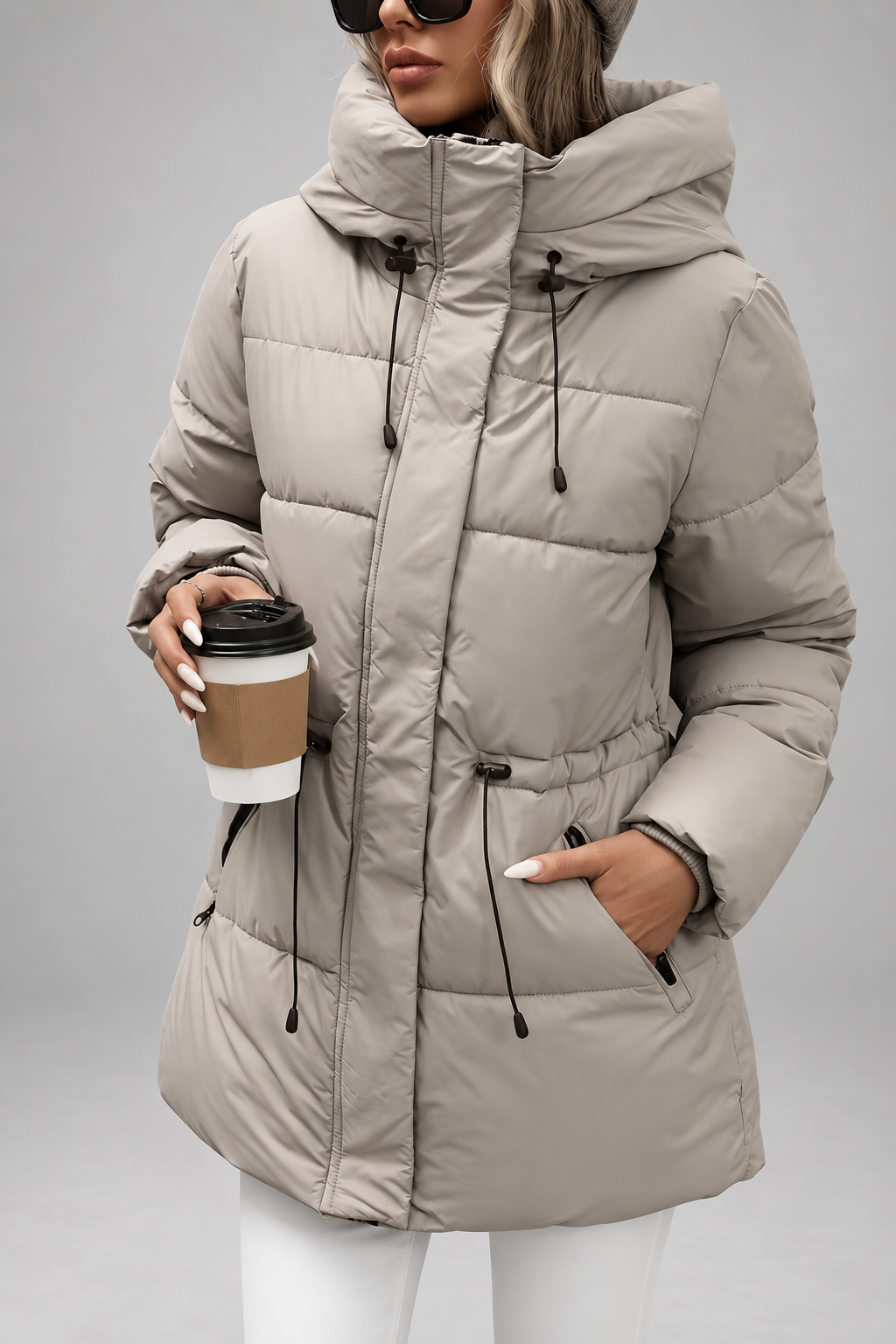 Women's Hooded Padded Coat with Zip Front and Drawstring Waist