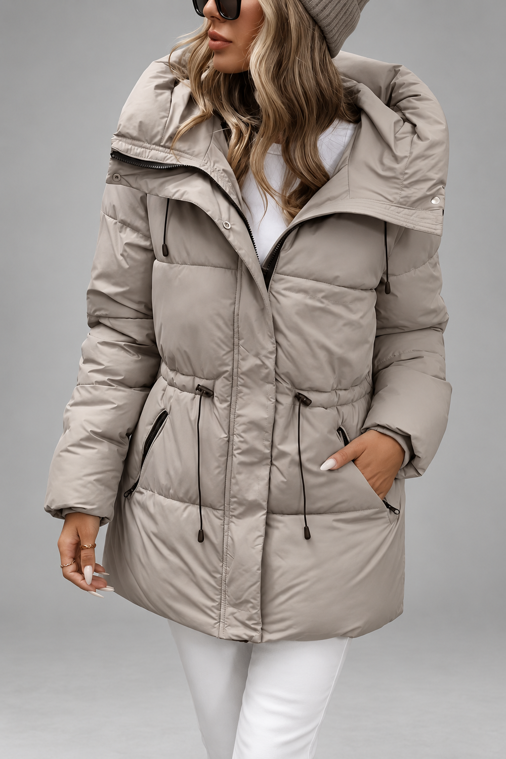 Women's Hooded Padded Coat with Zip Front and Drawstring Waist