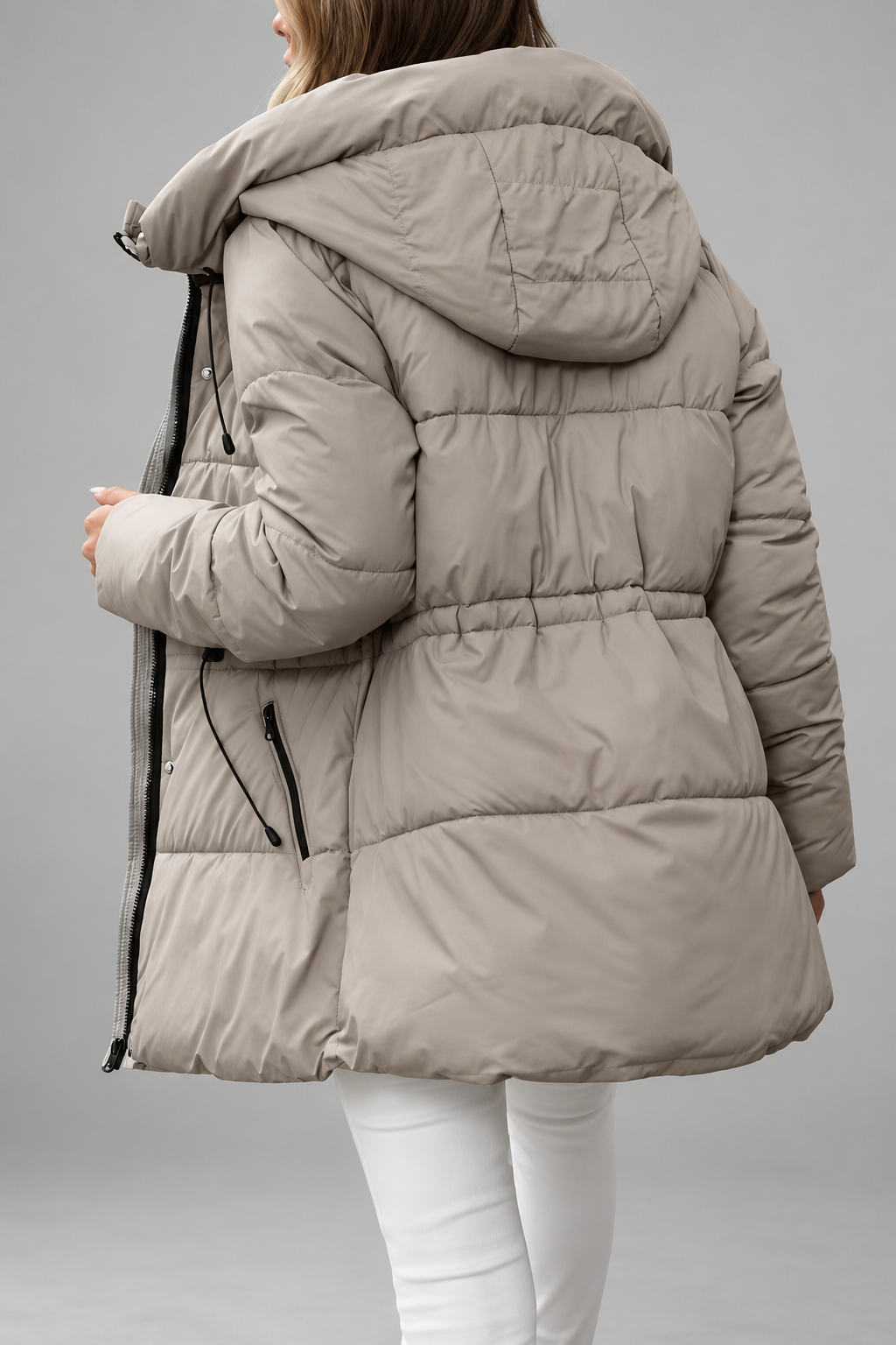 Women's Hooded Padded Coat with Zip Front and Drawstring Waist